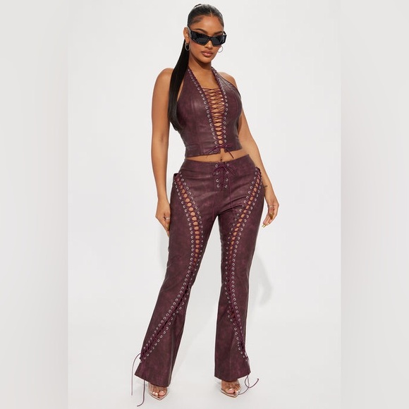 Leather Burgundy Lace-Up Halter Pants Set - Picture 1 of 7